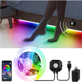 Auplf Motion Activated Under Bed Lights, 9.84ft 5050 RGB Color Changing LED Strip Lights with Sensor, APP Control and Music Sync, Dimmable Night Light for Bedroom Stair Birthday' s Day Gift