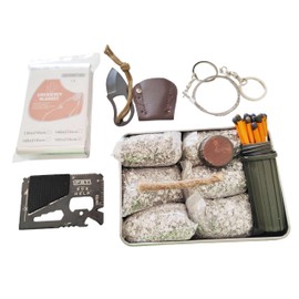 Emergency Fire Starter 6 Bag Magneisums Weatherproof Matches Multi Purpose Tool Saw Wire Knife Blanket Wax Rope for Camping Hiking + Free Tin Can (Mg + Matches + Saw + Tool + Knife + Blanket + Rope)