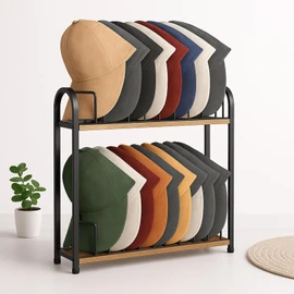 SWTYMIKI Hat Stand for Baseball Caps - 2 Tier Wood & Metal Tabletop Hat Organizer Storage Display Rack, Holds up to 20 Caps for Desk, Closet Shelf, Dresser (Black)