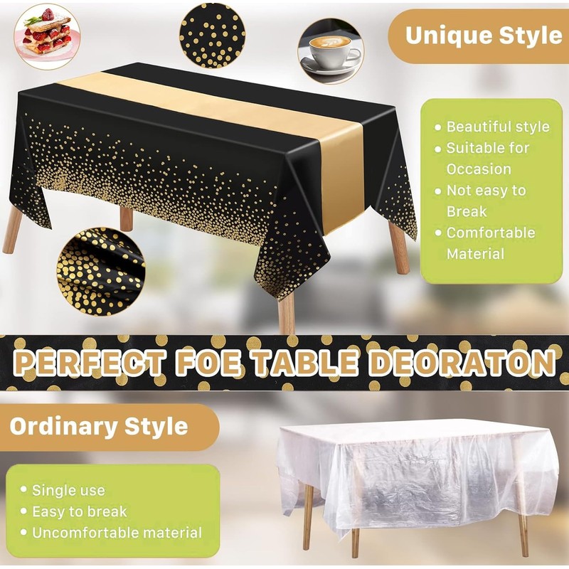 Jeffbaubl 6 Set Tablecloths and Satin Table Runner, 6 Black