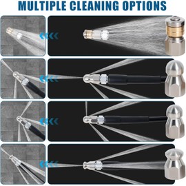 150FT Sewer Jetter Kit for Pressure Washer, 5800PSI Water Jet Durable Drain Cleaner Hose 1/4 Inch NPT Corner with 4 Specialized Nozzles，Waterproof Tape, Pearl Corsage Pin, Handle Strap & 2 Spanners