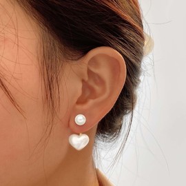 TseenYi Boho Heart Pearl Jacket Earrings Vintage Pearl Heart Front Back Earrings Gold Pearl Stud Earrings Heart Pearl Love Drop Earrings Bridal Pearl Wedding Earrings, Zinc, No Gemstone