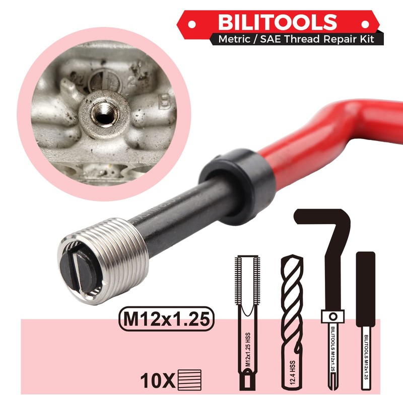 BILITOOLS M12x1.25 Thread Repair Kit, HSS Drill Helicoil Repair Kit