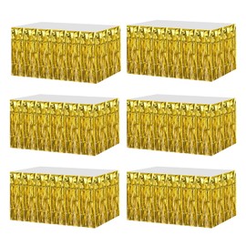 sourcing map 6 Pack 29x108 Inch Gold Metallic Foil Fringe Tinsel Table Skirts for Rectangle Tables Tinsel Backdrop Curtain for Wedding Birthday Anniversary Party