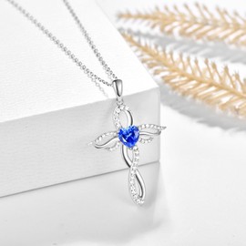 TANGPOET Angel Wings Necklace for Women 925 Sterling Silver Guardian Angel Pendant, Heart Cross Birthstone Chain, Birthday Jewellery Gifts for Her, Sterling Silver