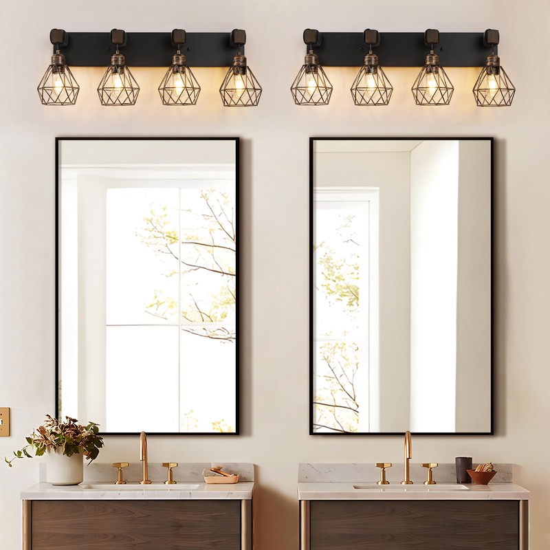 Farmhouse Bathroom Vanity Light Fixtures, 4-Light Black Gold Bathroom Light
