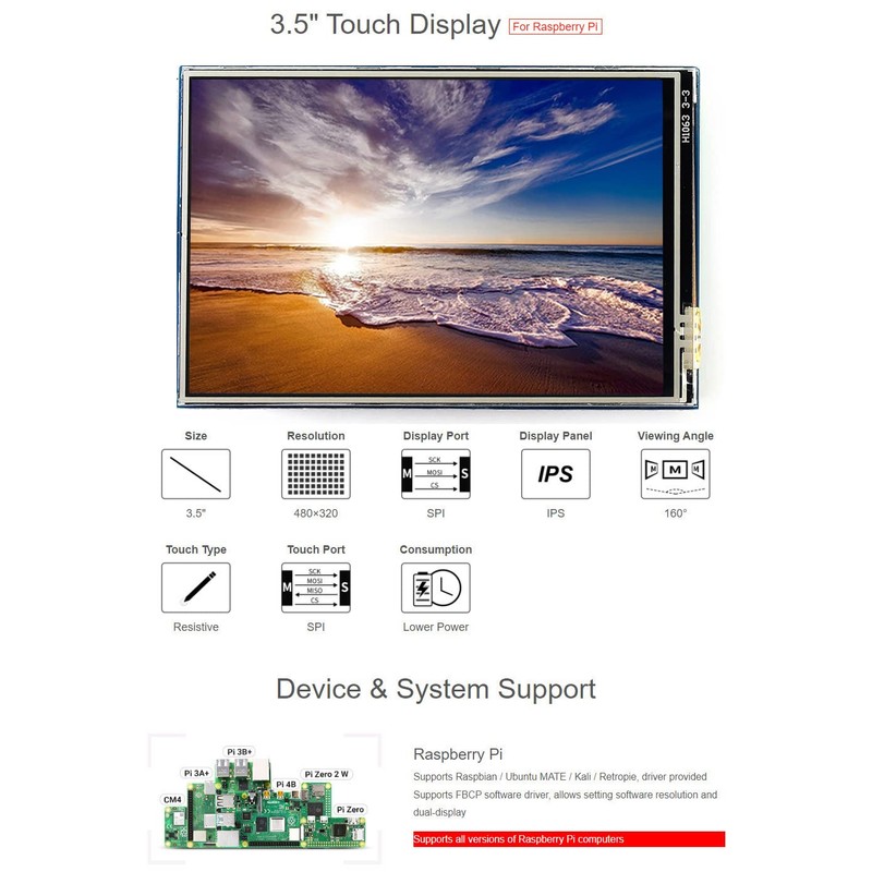 Waveshare 3.5inch Resistive Touch Display, Compatible with Raspberry Pi 5/4B/3B/Zero/Zero