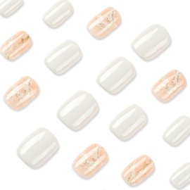 White Press on Nails Short, Square Fake Nails Cute False Nails with Marble Glitter Designs Full Cover Acrylic Fake Nails Short Glue on Nails Glossy Stick on Nails for Women Girls Nail Decorations
