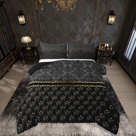 jejeloiu Black and Gold Damask Adults Comforter Set Gothic Antique Victorian Baroque Bedding Set with 2 Pillow Cases Jacquard Queen Bedclothes Bohemian Exotic Vintage Floral Bedroom Decor Duvet Quilt