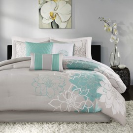 Madison Park Lola Sateen Cotton Comforter Set-Casual Medallion Floral Design All Season Down Alternative Bedding, Shams, Bedskirt, Decorative Pillows, King(104"x92"), Aqua, 7 Piece