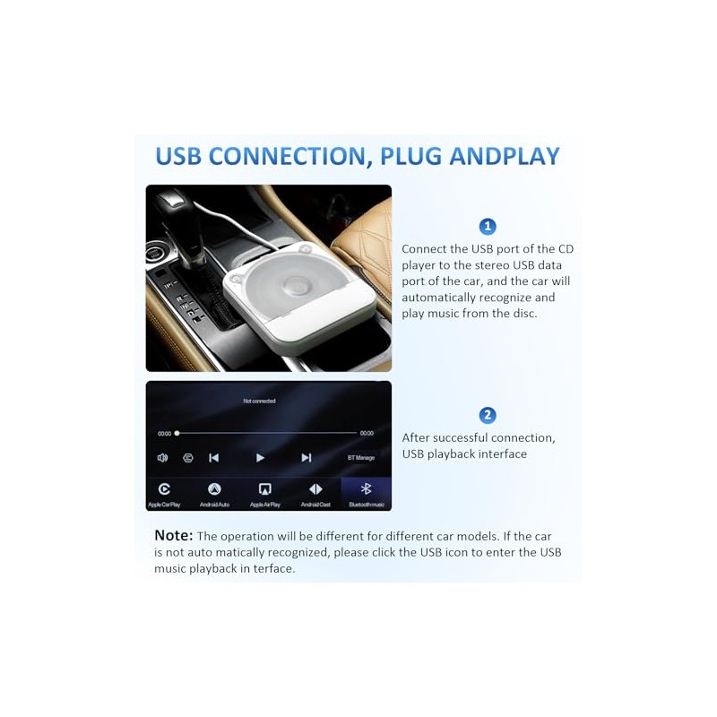 Portable CD Player for Car, External CD-Player for Car Stereo