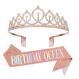 Birthday Sash and Crown for Women,Happy Birthday Sash for Women,Birthday Queen Sash and Crown,Rose Gold Tiaras for Women,Happy Birthday Decorations for Women,Birthday Crown Adult Woman,Birthday Tiara