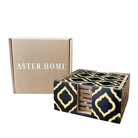 ASTER HOME - Set of 6 Square Coasters for Drinks with Matching Stand, Original Retro Vintage Style, Various Colours, Protection for Your Table, 10 cm (Black and Brown)