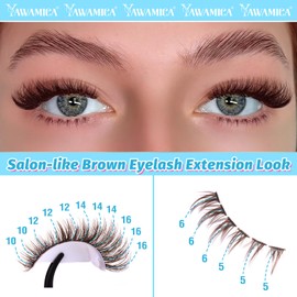 Yawamica Brown Lash Clusters Kit Fluffier Wispy Eyelash Extension Kit with Bottom Lashes 40D Volume Eyelash Clusters 10-16mm Individual Lashes with Brown Bond and Seal and Tweezers DIY Lash