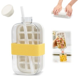 Ice Cube Tray with Lid 2 in 1 Water Bottle, Press-Type Ice Cube Trays, Small Ice Cube Tray with Straw, No Touching, Ice Cube Making Bottle for Freezer,Coffee, Beverages 800ml (White)