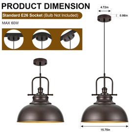 TAKEGO 15.8” Large Farmhouse Pendant Lights Kitchen Island, Oil Rubbed Bronze Rustic Pendant Light Fixture, Vintage Dome Pendant Light, Industrial Hanging Ceiling Lamp for Dining Room, Hallway