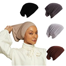 KXY 4 Pieces Stretchy Soft Modal Jersey Muslim Turban Hat Inner Hijab Scarf Caps Tube Underscarf Bonnet Headwrap Islam, Black+dgrey+grey+coffee, One Size