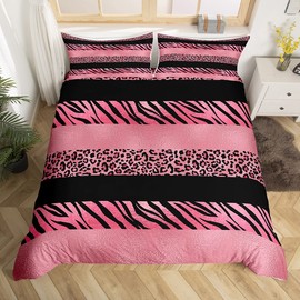Pink Leopard Print Kids Duvet Cover Set Queen Size,Zebra Skin Texture Bedding Set,Girls Boys Adults Room Decor,Abstract Animals Skin Stripes Comforter Cover,Fashion Romantic Quilt Cover,2 Pillowcases
