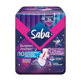 Saba Toallas Sanitarias para Dama Ultra Invisible con Alas Ultradelgada Nocturna, color Azul/Rosa, 10 Piezas