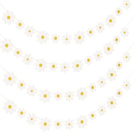 4pcs Daisy Boho Banner Party Decorations Cute Daisy Party Banner Groovy Party Favors White Daisy Decor Spring Flower Garland Daisy Paper Cutouts for Indoor Outdoor Birthday Wedding Party Supplies