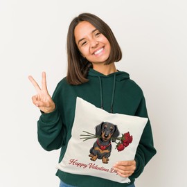 speecheese Dachshund with Rose Bouquet Happy Valentines Day Cushion Perfect for Dachshund Lovers - Valentine's Day Cushion with Heart and Saying