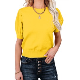 MACNOORA Womens Puff Short Sleeve Sweater Tops Crewneck Basic Knit Pullover Lightweight Solid Casual Sweaters Blouse Yellow