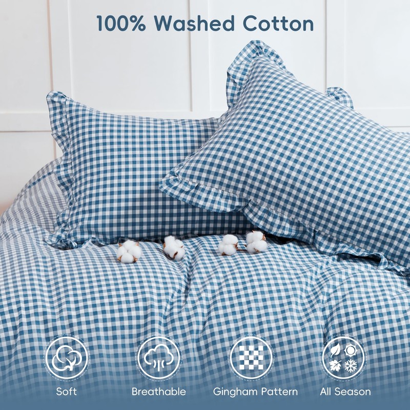 100% Cotton Ruffle Gingham Duvet Cover Sets Classic Checkered Queen