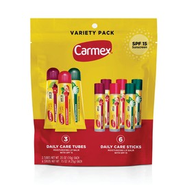 Carmex Pack de Bálsamo Labial de Cuidado Diario Hidratante, SPF 15, Paquete de Variedad de Cuidado de Labios de Sabores Múltiples, 9 Unidades (3 Tubos, 6 Barras)