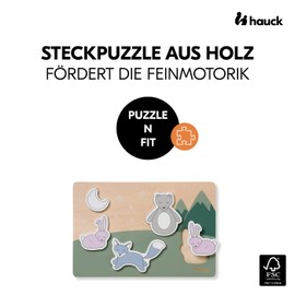 hauck Grasping Puzzle for Toddlers, N Fit Puzzle from 1 Year Made of FSC® Certified Wood, Wooden Puzzle with Animal Shapes, Trains Fine Motor Skills & Hand Eye-Coordination (Forest)