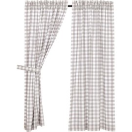 VHC Brands Farmhouse Grey Antique White Buffalo Check Cotton Annie Curtains Rod Pocket Tie Back(s) Panel Pair