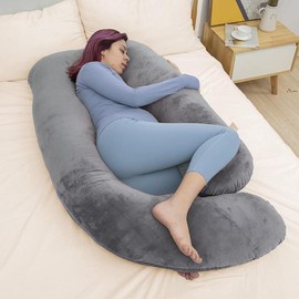 Grey Maternity Pillow for Pregnant Women - J Shaped Full Body Pillow with Velvet Cover