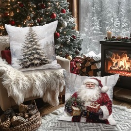 Lanpn Juego de 4 Fundas Cojin Navidad 55x55cm, Funda Cojines Decorativos Navideños Fundas de Almohada Navideñas Decoración Navideña para Sofá Cama de Oficina Hogar (Papá Noel Muñeco de Nieve Casa)