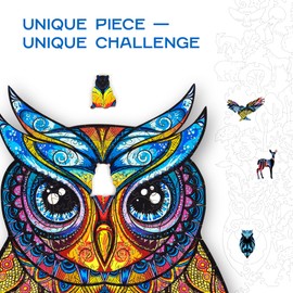 UNIDRAGON Wooden Puzzles for Adults Unique Jigsaw Puzzles - King Size Charming Owl Big 9.9" х17.1 366 PCS Deko with Cut 0.03 mm Wood Accuracy Animals