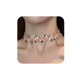 Aneneiceera Bohemian Pink Lace Flower Choker Necklace Floral Lace Necklace Pink Embroidered Rose Necklace Pink Scalloped Rose Necklace Chain Jewellery for Women, Zinc