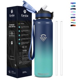 Grsta Drinking Bottle, 1 Litre, BPA-Free, Stainless Steel Drinking Bottle with Straw, Leak-Proof Drinking Bottle for Adults, Sports Water Bottle for Fitness, Hiking, Camping, Outdoor, Gym, Bicycle