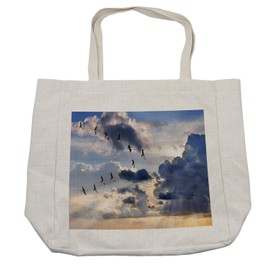 Lunarable Flying Birds Shopping Bag, Canadian Geese Flying in V Formation Sunburst, Eco-Friendly Reusable Bag for Groceries Beach and More, 15.5" X 14.5", Cream