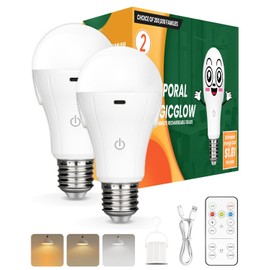 Neporal MagicGlow USB Rechargeable Light Bulbs, 3-Color Shift + 10%-100% Dimmable, Remote+Touch Control, 1800mAh Large Battery 3-20-Hour Lights Up,15W A19 E26/E27 Battery Operated Light Bulb, 2-Pack