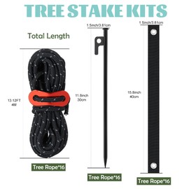 16 PCS Tree Stake Kits, 11.8 Inch Tree Stakes Supports Heavy Duty Steel Leaning Young Tree Metal Staking for Straightening Tree Straps 13.12 Ft Ground Anchor Tree Rope Against Strong Wind Bad Weather