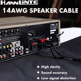 HANNLINTE 14AWG Speaker Wire Cable (25 Feet), 1 Pack Premium Heavy Duty Braided Speaker Cable Dual Gold Plated Banana Plug Tips in-Wall CL2, Oxygen-Free Copper (Black)
