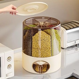 GSC Industries Premium 6-Grid Rotating Food Dispenser with Sealed Lid – 360° Rotation Grain Storage Container for Rice, Beans, Cereal, Peanuts, Barley, and More – Kitchen Pantry Organizer