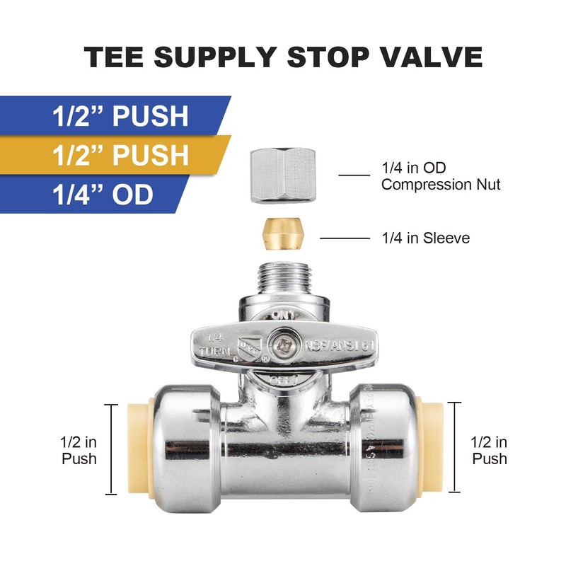 WMAXPFIT Tee Stop Valve(1 PACK), 1/2" Push x 1/2" Push