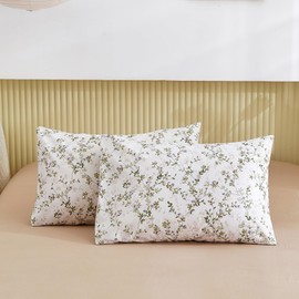 ECOCOTT Pillowcase Standard Size Set of 2, Mini Green Leaves Pattern Printed Floral Pillow Cases - Soft and Breathable 100% Cotton Pillow Covers with Envelope Closure(Standard, 20"x26")