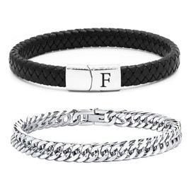 ZENGSING Men's Bracelet Stainless Steel Bracelets Leather Bracelet Men's Bracelet with Letters Stainless Steel Engraving 2 Pieces Men's Bracelets Cuban Bracelet Leather Bracelet with Magnetic Closure