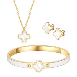 FTHMTN Clover Jewelry Set,Dainty Gold Four Leaf Clover Necklace, Clover Bangle Bracelet & Earrings Set,Lucky Charm Black & White Jewelry Gift for Women (Gold-White Set)