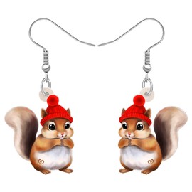 OUSIO Christmas Day Acrylic Cute Squirrel Earrings Santa Hat Cartoon Squirrel Dangle Jewellry For Women Charms Holiday Party Christmas Gifts (Red)