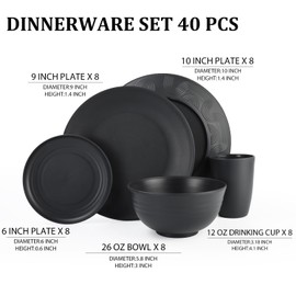 Perlapoc Kitchen Wheat Straw Dinnerware Set 40 PCS Dishes Set for 8 Plastic Plates Reusable Dinner Plates Cereal Bowls Small Cups Dishwasher & Microwave Safe Unbreakable Dish Set for Picnic RV - Black