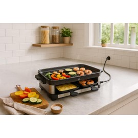 Maverstone Raclette Grill – Smokeless Indoor Electric Table Top Griddle with 1600W Fast Heating Dual-Zone Cooking - Stainless Steel - Easy Clean Nonstick Surface