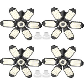 LUCORUSC Led Garage Lights 4 Pack 200W Super Bright Ceiling Led Shop Lights, E26/E27 Base, 6500K, 22000LM Deformable Garage Light Ideal for Basement, Attic and Workshop