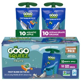 GoGo squeeZ No Sugar Added Applesauce and Fruit Puree Underwater Species Discovery Pack, Aquatic Apple and Ocean Grape, 3.2 oz Pouches (Pack of 20), Fruit Snacks for Kids, Gluten Free, Nut Free, Recloseable Cap, BPA Free