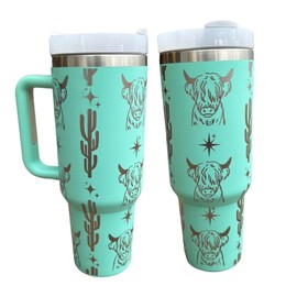 Silva lining designing Western Engraved 40oz Tumbler, Tumbler with handle, Cowgirl Tumbler, Country Mug with Handle (Mint-Highland cow(R))